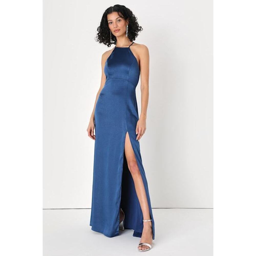 Lulus Born To Captivate Blue Satin Backless Maxi Dress - Size M